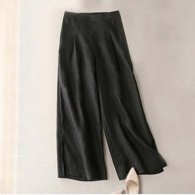 Брюки женские эластичные бежевые черные желтые с высокой талией для лета и весны