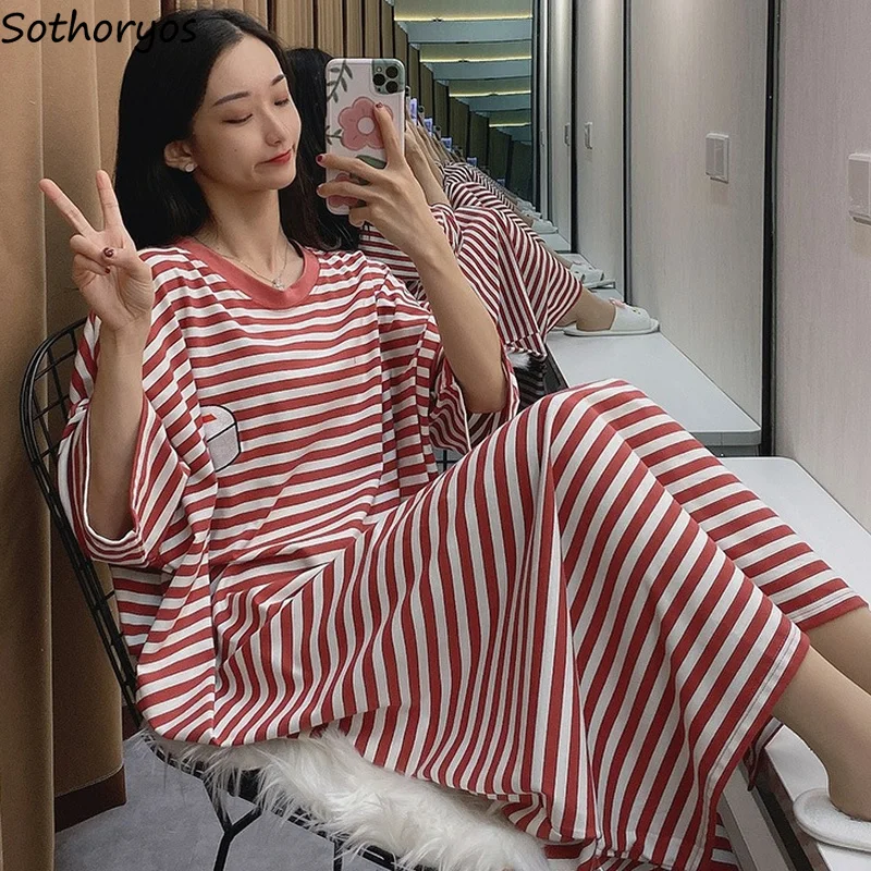 

Women Baggy Sleepshirts Striped Short Sleeve Cozy Teenagers Ulzzang Lovely Girls Nightgowns Mid-calf Females Lounge New-arrival