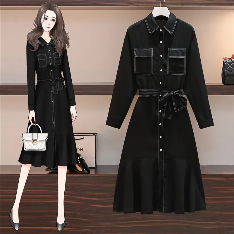 

4XL Plus Size Women Black Elegant Mermaid Dresses Spring 2021 Turn-down Collar Long Sleeve Loose Ladies Shirt Dress Midi