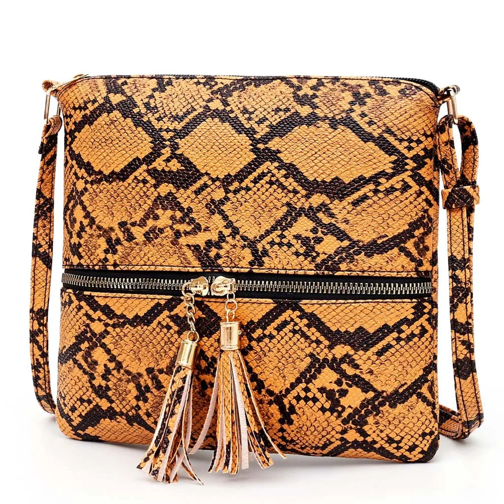 Fashion Women Tassel Snake Printing Zipper Messenger Bag Handbag Shoulder Bag Elegant Small Square Bags#YJ