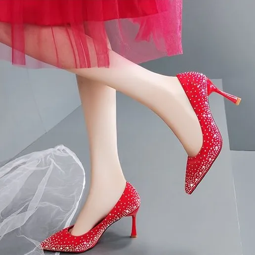 

Bridal Shoes 2021 High Heels Pointed Toe Lace-Up Sandals Ladies Branded Pumps Slip On Shallow Mouth Bride Latest Spikes Gold Cry
