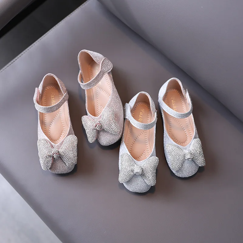 

New Girls Dance Shoes Crystal Bow Princess PU Leather Casual Dress Student Performance Moccasins Baby Kids Toddler Flats 03