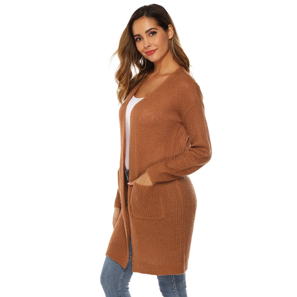 Модный женский кардиган свитер с длинным рукавом вязаный открытый плащ