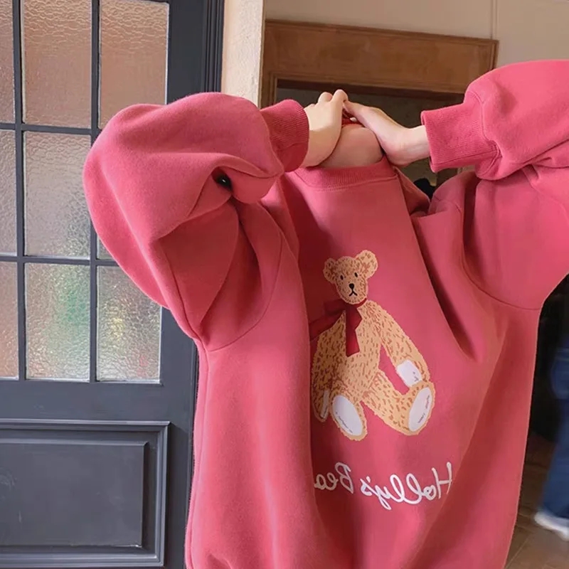 

Pink Bear Letter Print Oversized Crewneck Sweatshirt Women Casual O-neck Long Sleeve Kawaii Clothing Aesthetic Hip Hop Style