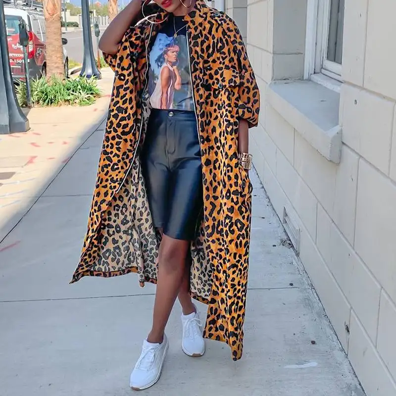 

Autumn Winter Women Jacktes 2021 VONDA Casual Long Sleeve V Neck Zipper Long Maxi Coats Vintage Leopard Printed Coats Femininas