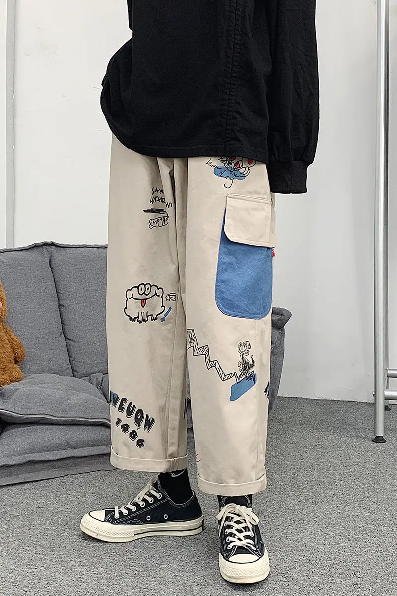 

2020Spring And Autumn New Youth Popular Loose Large Size Men's Loose Cartoon Printed Straight Pants Fashion Casual Cropped Pants