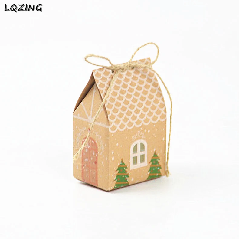 5pcs Christmas Tree Printed Kraft Paper Boxes Khaki Candy Bag Favors Gift Box Package Xmas Party Decor Bags with Rope | Дом и сад