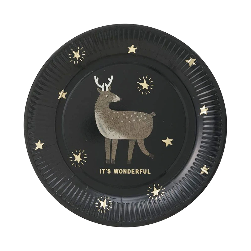 

10pcs Christmas Elk Dark Blue Paper Plates Disposable Party Tableware Xmas Dessert Cake Plate 9"