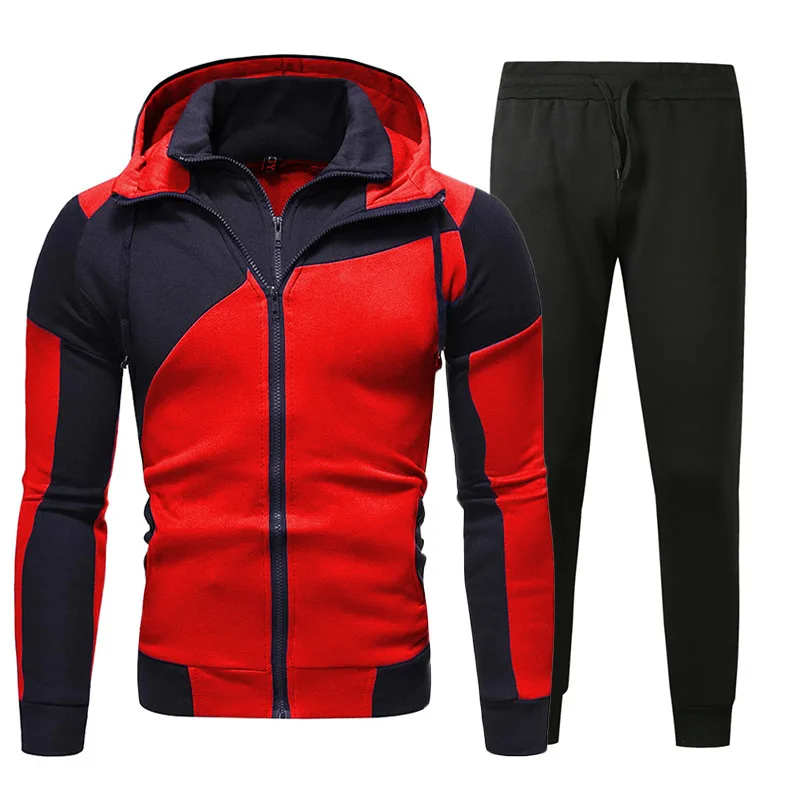 

New Men's Personality Color Matching Double-layer Zipper Hooded Cardigan Fake Two-piece Sweater Suit