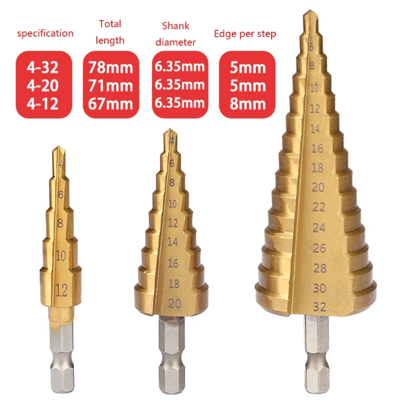 

Titanium-Coated High Quality Hexagonal Shank Step Drill for Plastic Wood Metal Iron Aluminum Multi-holeTaper Drill Bit