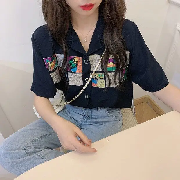 

Vintage Blouse Women Turn Down Collar Printed Short Sleeve Ladies Blusa Shirts 2020 Fashion Casual Button Female Tops