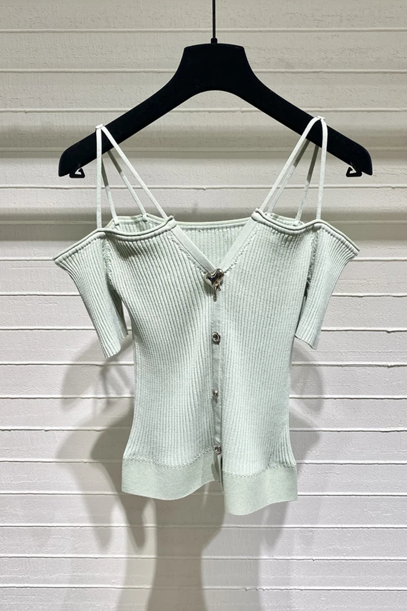 

Woman Sweet V-neck Slim Single-breasted Short Sleeve Solid Color Sling Top 2021 Summer New Women's All-Matching Tank Tops Punk