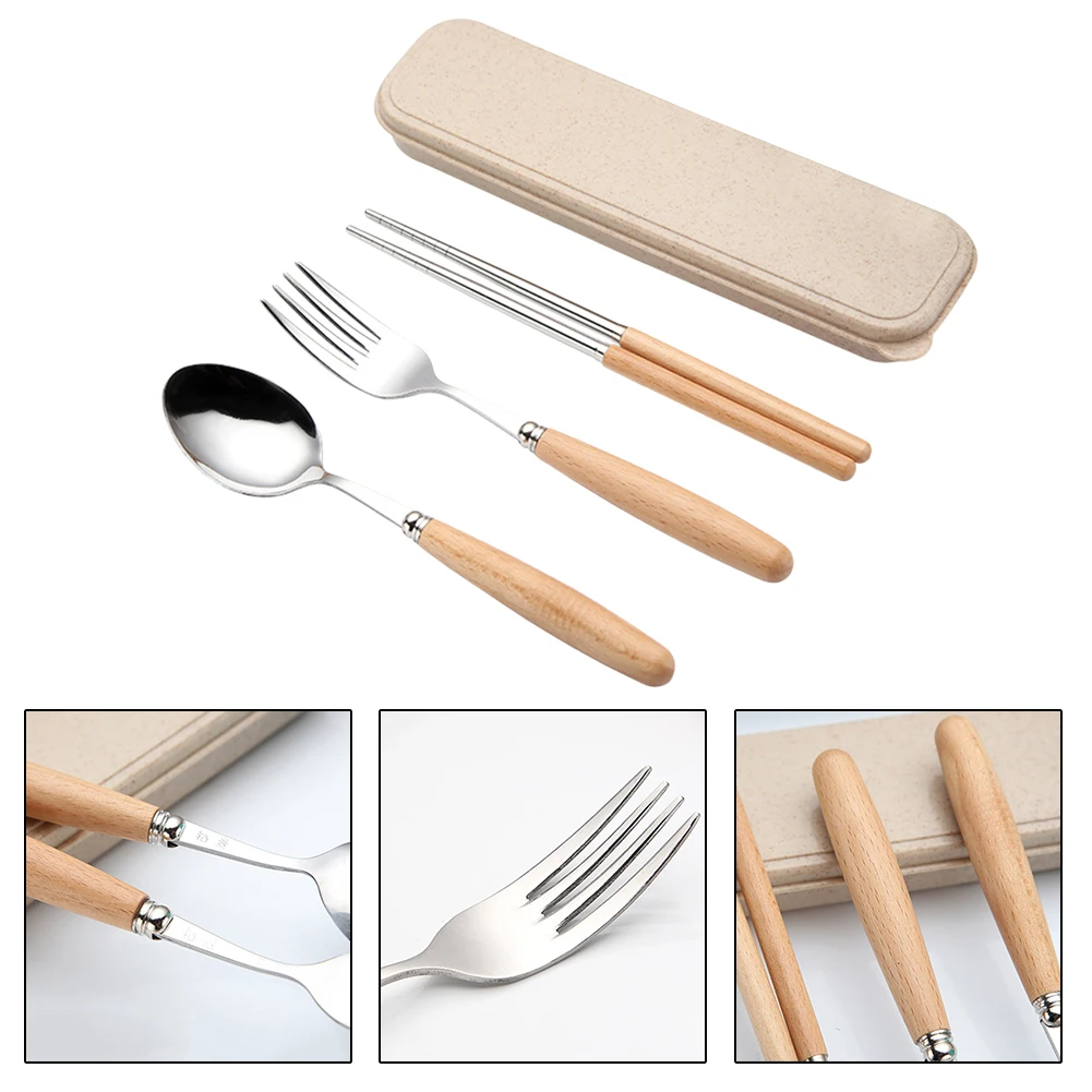 

3pcs Wooden Handle Stainless Steel Cutlery Student Set Portable Spoon Chopsticks Set Portable Tableware Travel Dinnerware Suit