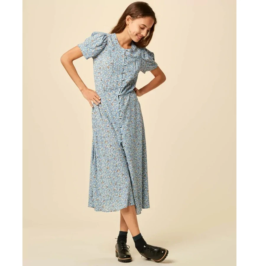 

21 summer blue flowers printing short sleeve french Fashionable women dress slim casual loose womens clothing