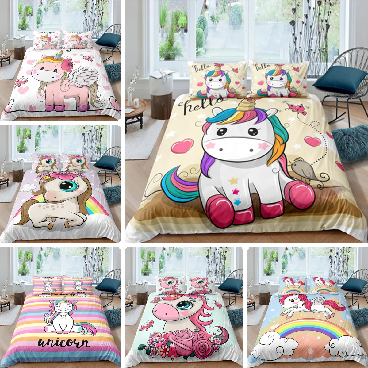 

Комплект постельного белья с 3D рисунком единорога, радуги, размер Queen King, стеганное одеяло для девочек, комплекты пододеяльников, 2/3 шт., роск...