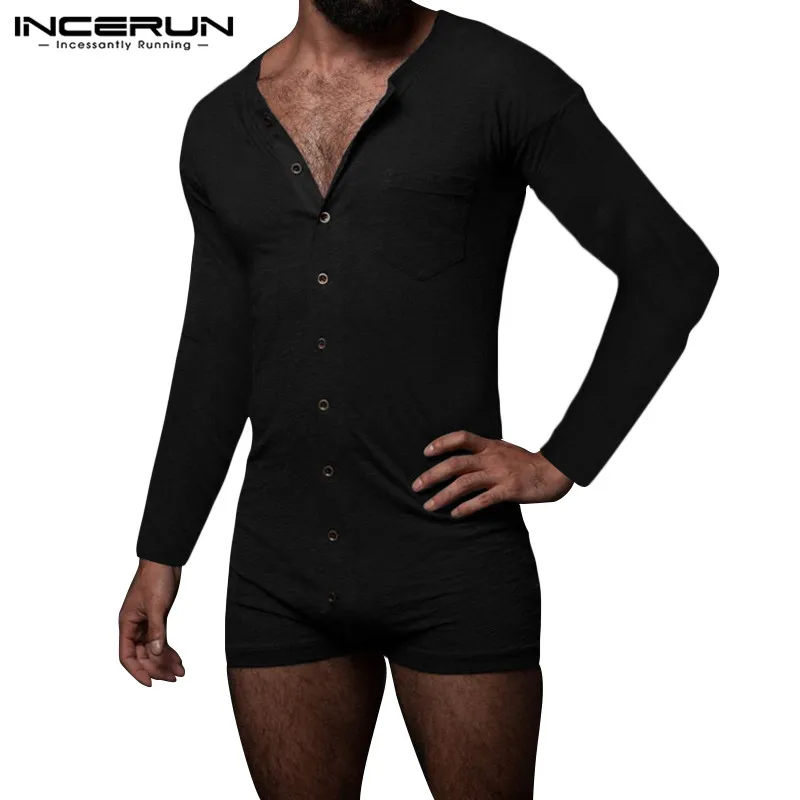 Man Fashion Buttons Shorts Jumpsuit Homewear INCERUN Mens Leisure Pajamas Onesies Long Sleeve O Neck Solid Rompers Sleepwear 5XL