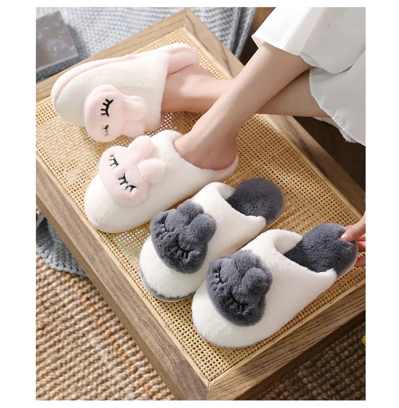 Suihyung/Женские меховые домашние тапочки; зимняя теплая мягкая плюшевая домашняя обувь; женские тапочки на плоской подошве с милым кроличьим мехом; домашние шлепанцы без застежки