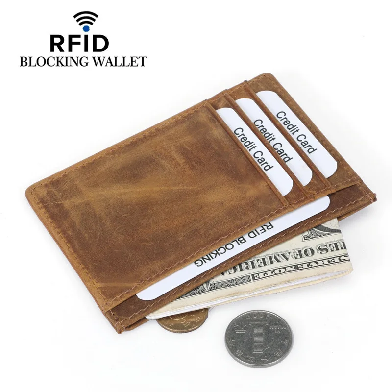 Men's Genuine Leather Card Holder Ultra-Thin RFID Coin Wallet Male Crazy Horse Cowhide Short Paragraph Simple Fashion Bank | Багаж и