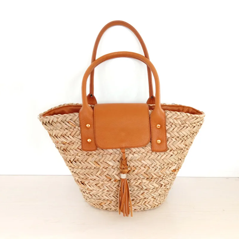 

Женская плетеная сумка ручной работы, летняя Соломенная пляжная сумка-мешок в богемном стиле, сумка-тоут с кисточками