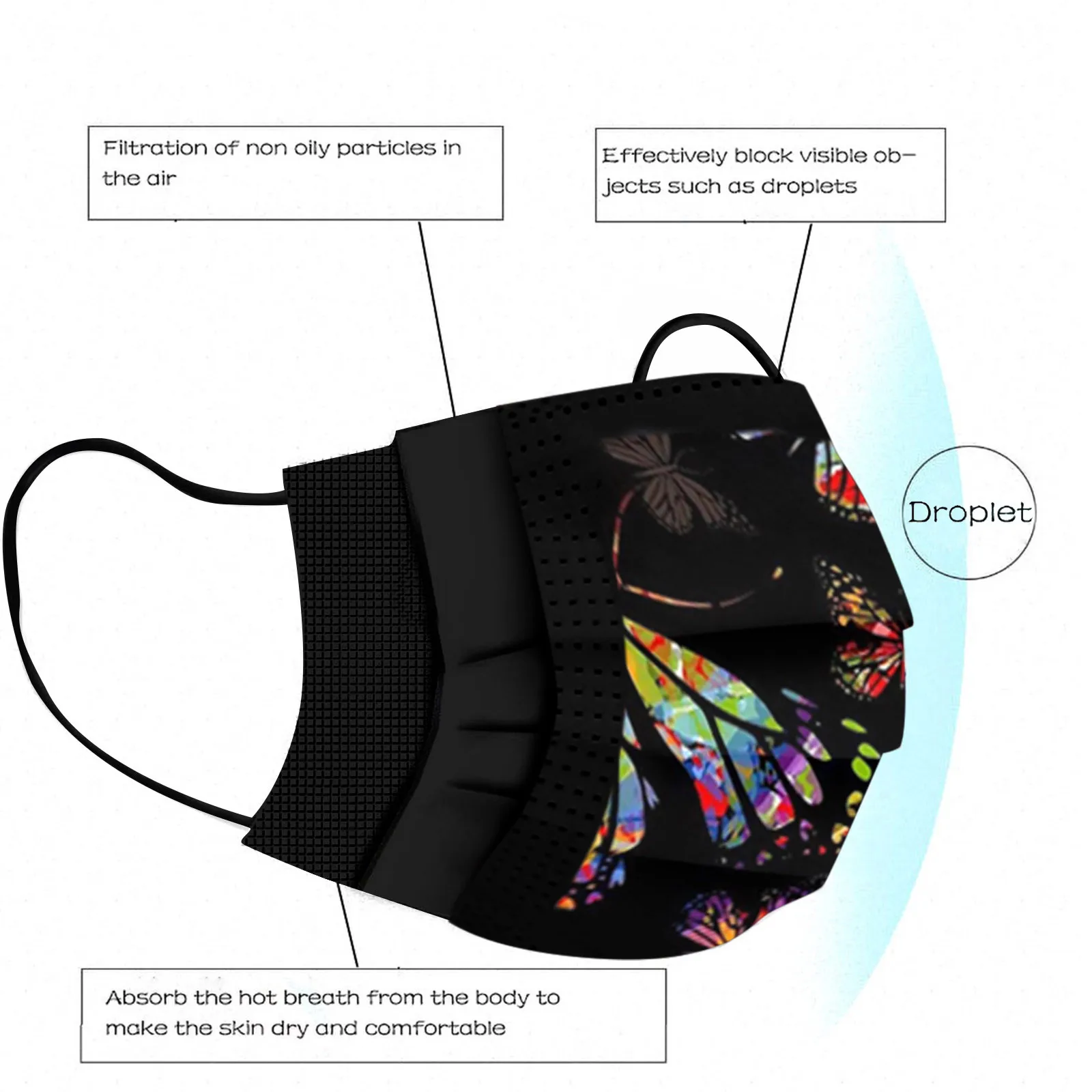 

50PC Black Mascarillas Masque Butterfly Print Disposable Masks For Protection Face Mask 3Ply Non-woven Fabric Mouth Mask