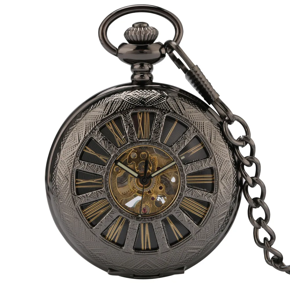 Mechanical Self Winding Pocket Watch Hollow Wheel Gold Roman Numerals Display Antique Pendant Pocket Timepiece with Thick Chain