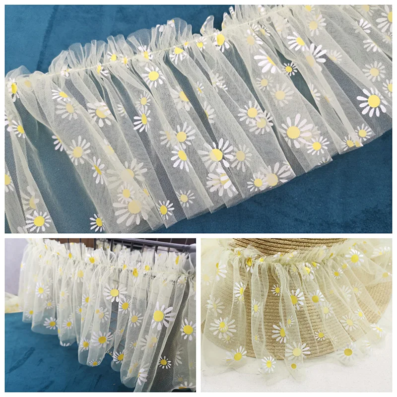 15 см плиссированные Желтые ромашки Сетка кружевная ткань оборки сложенная