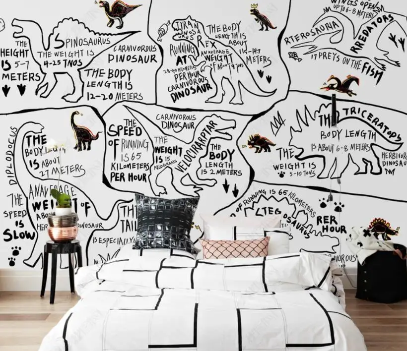 

Custom hand-painted children's bedroom background wall paper cartoon dinosaur black and white linear draft high-end home decorat