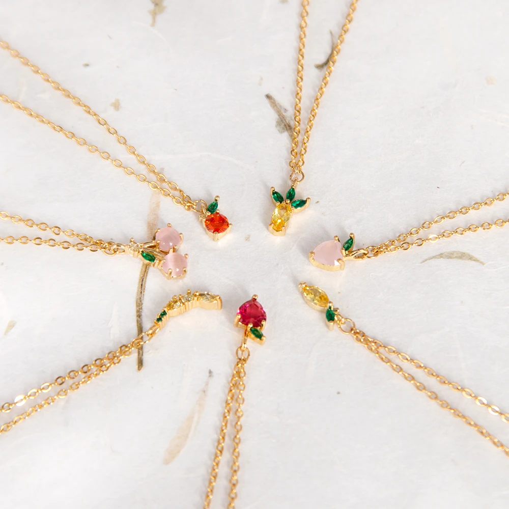 

Monlansher Multi-Color Fruits Zircon Pendant Necklace Cute Gold Color Thin Chain Necklace For Women Exquisite Necklaces Jewelry