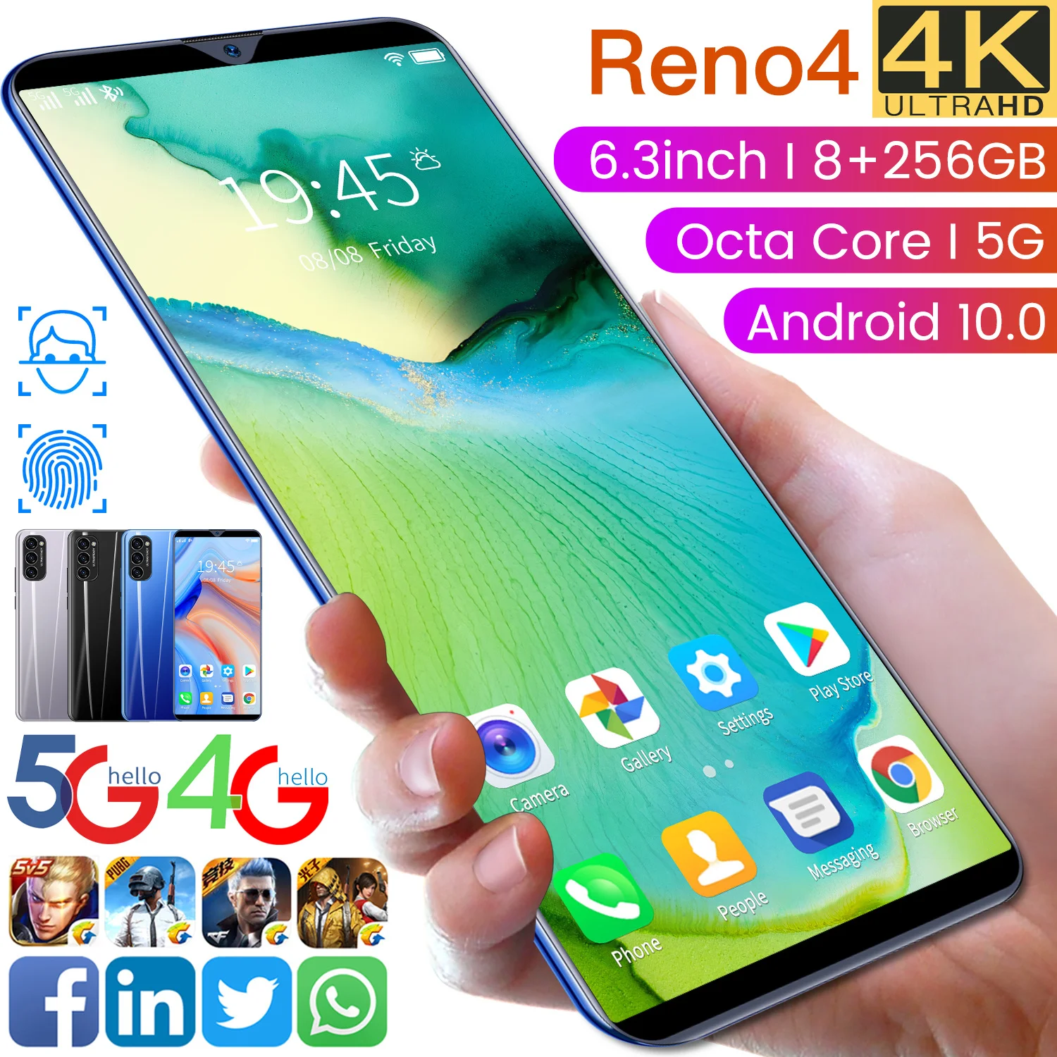 

Latest Generation Reno4 8+256G 6.3inch 16+32MP Camera 4800mAh Big battery Dual SIM Support T-Flash Card 4G 5G Smartphone