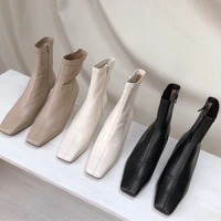 elmsk botas mujer ins blogger retro square toe france fashion soft sheep high heel ankle boots women genuine leather casual