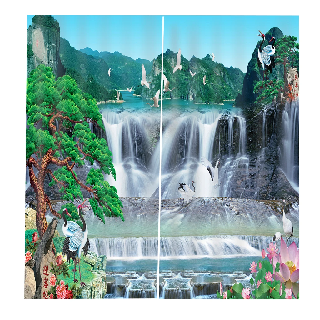 Шторы на окна с 3d изображением водопада роскошные занавески принтом затемняющие