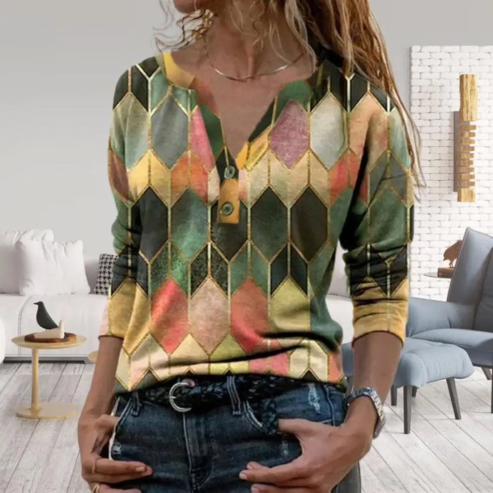 

Blouse Women Retro Geometric Print Buttons Blouse Pullover V Neck Long Sleeve T-shirt