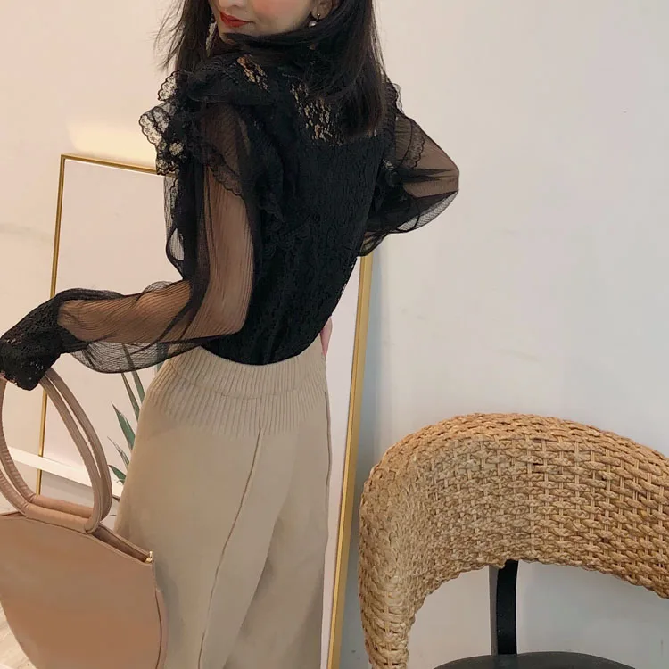 

Women's Blouse Lace Shirt Office Lady Blouses Net Yarn Hollow Top Solid Summer New Slim Fashion Casual Blusas Houthion