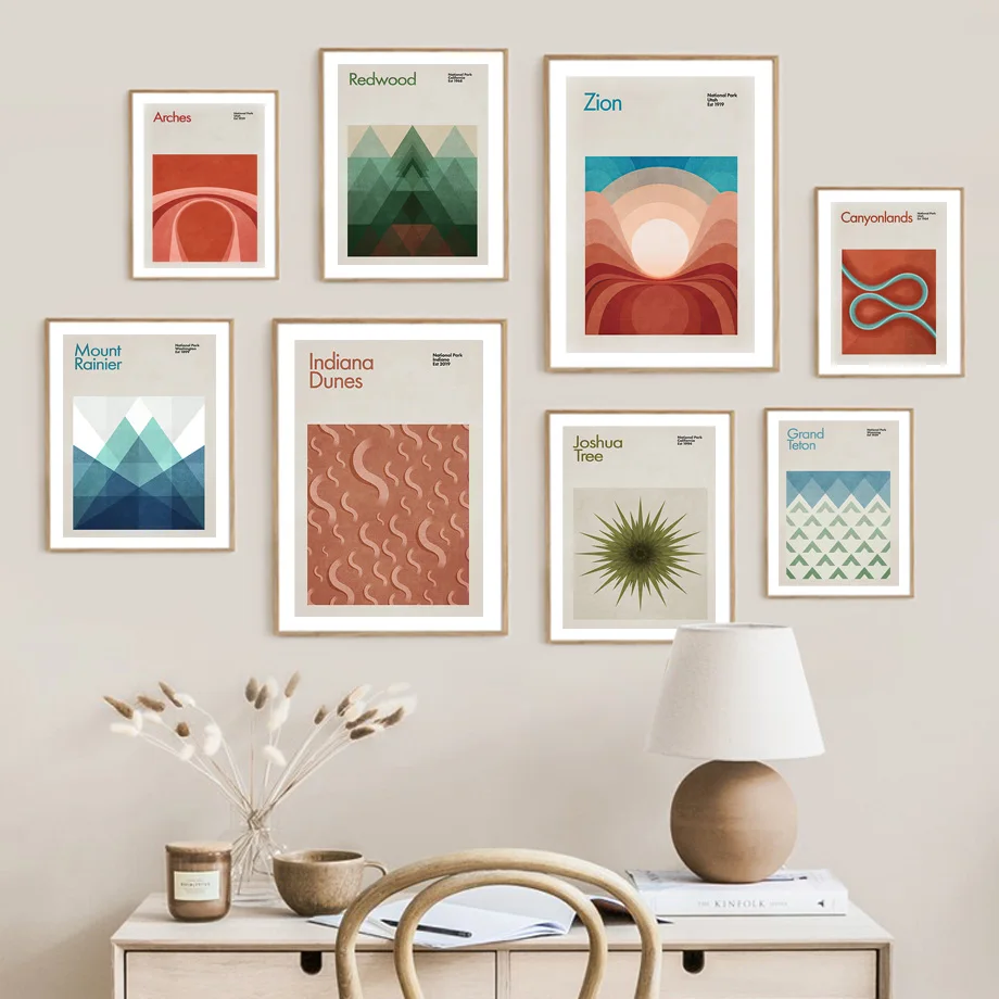 

Abstract Geometry National Park Mountain Tree Wall Art Print Canvas Painting Nordic Poster Wall Pictures For Living Room Decor