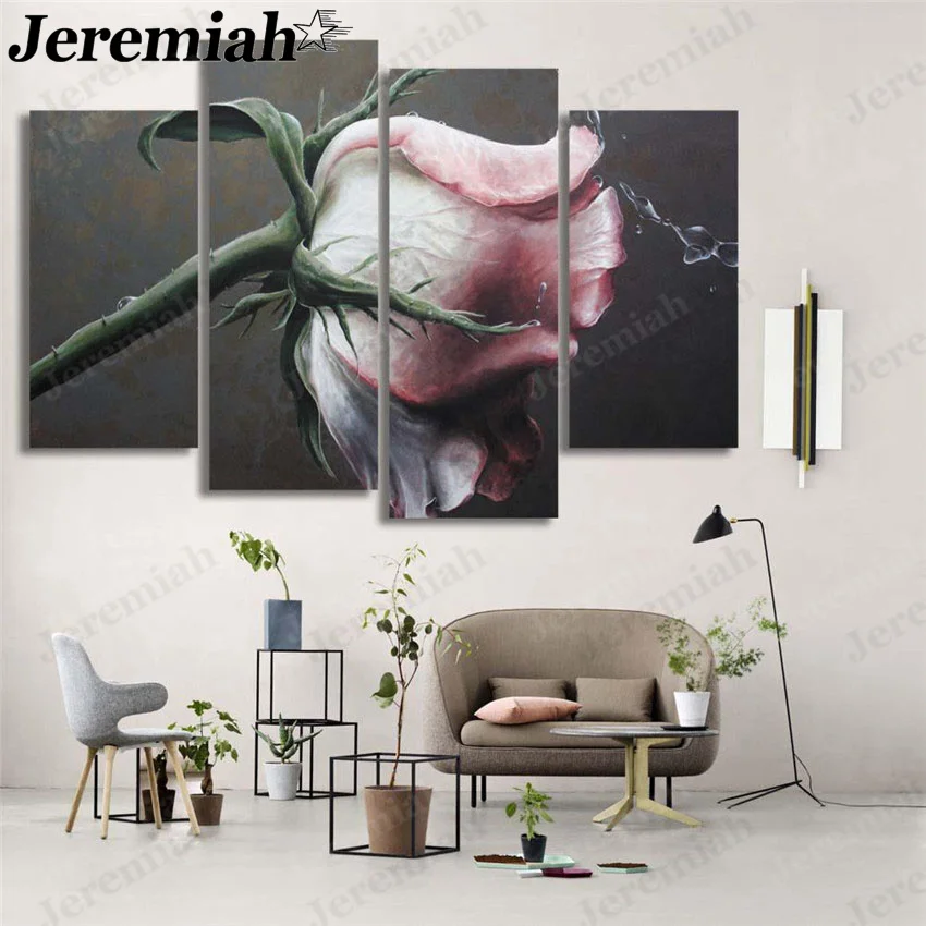 

Nordic Elegant Rose Flower Canvas Painting Pink Thorn Flower Poster 4 Pieces Wall Art Modern Home Room Decoration Accessories