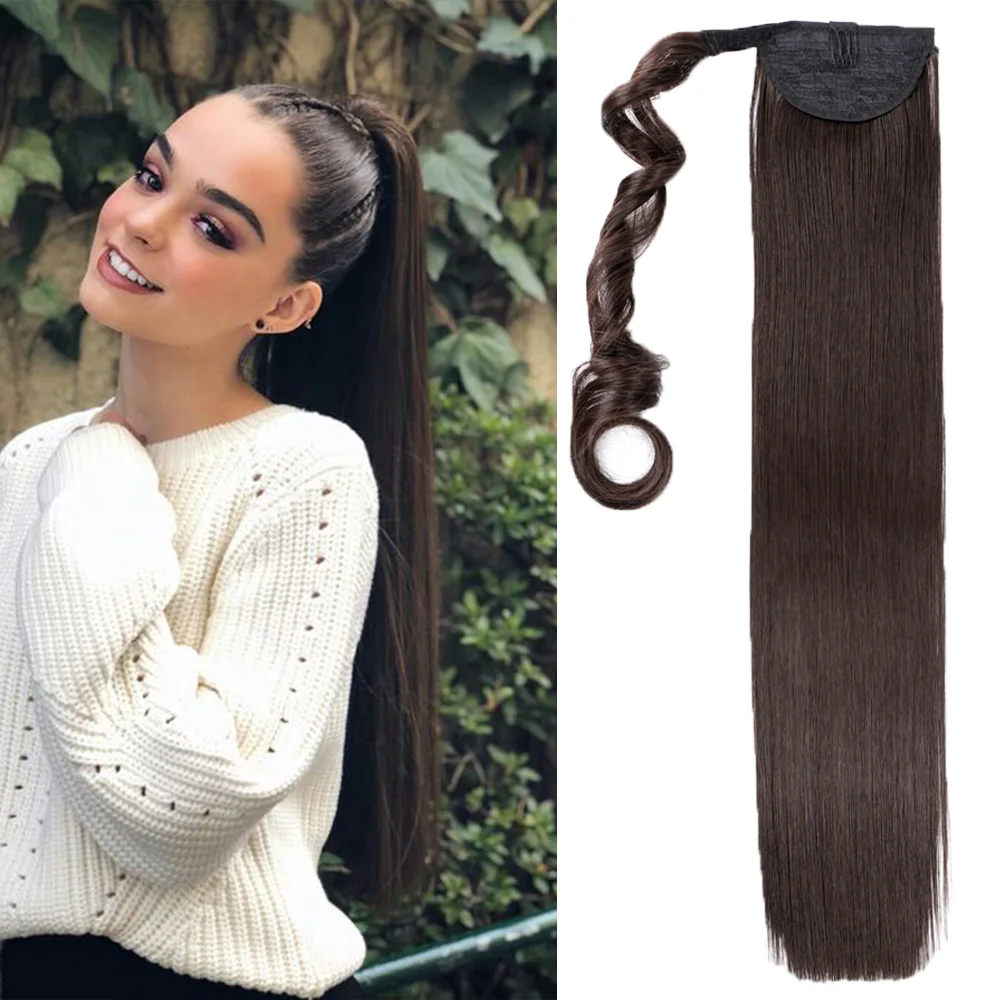 

22Inch Saisity Long Synthetic Straight Ponytail Wrap Around Clip In Hair Extension Natural Brown Ash Gold For Hairpiece Women
