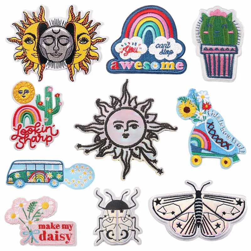 

Солнцезащитные вышитые тканевые наклейки Sun God для коньков Кожаная Вышивка термоклейкая нашивка мультяшное насекомое Термоодежда Аппликац...