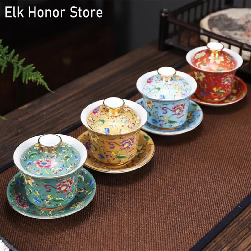 

160ml Gaiwan Porcelain Enamel Color Hand Painted Ceramic Tea Tureen Teaware for Puer Pu'er Tea Bowl Cup Saucer Lid Set Drinkware