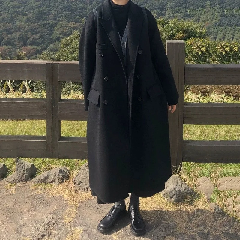 

Черное шерстяное пальто, Женское зимнее Новое Свободное пальто выше колена средней длины в Корейском стиле для студентов
