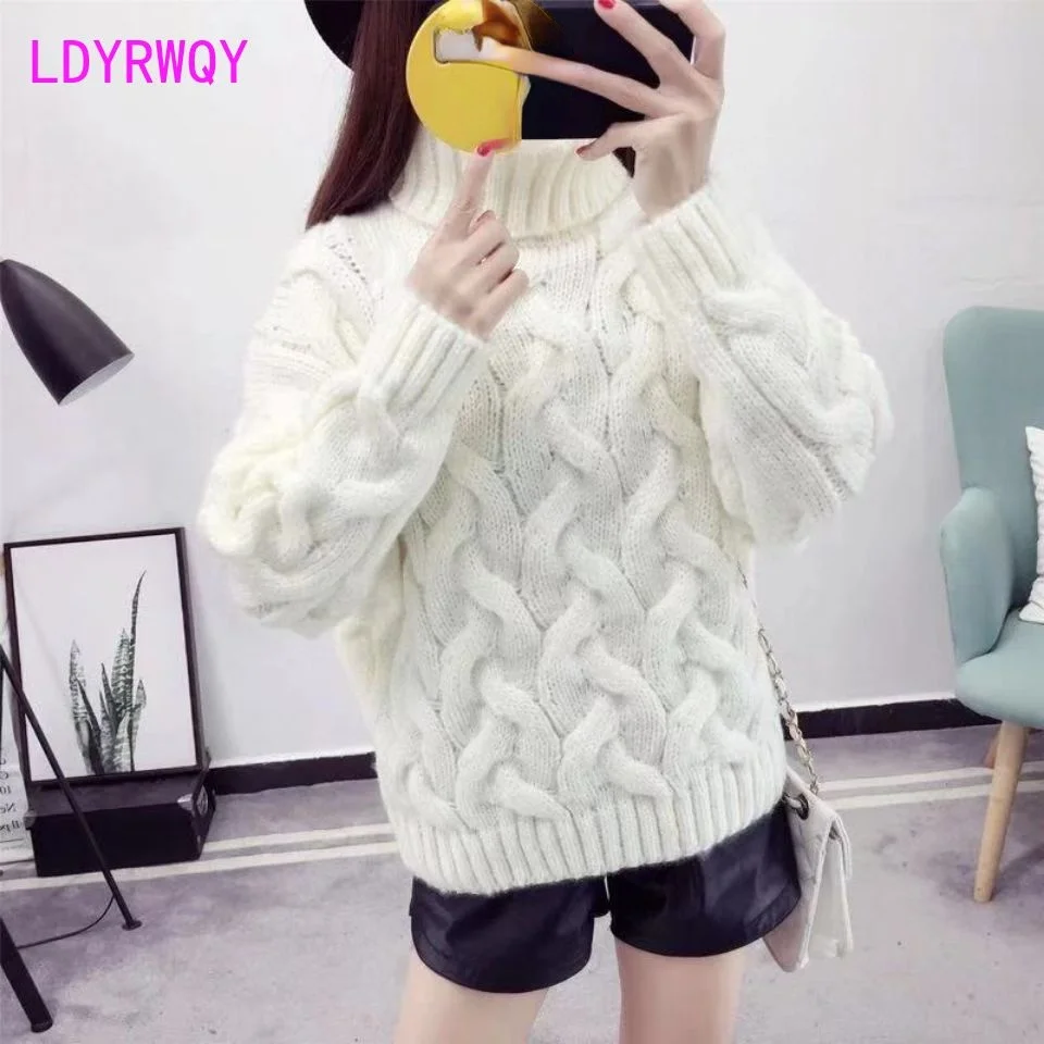 

twist coarse wool sweater Plus velvet thick short turtleneck sweater women's pullover autumn and winter new loose lazy style