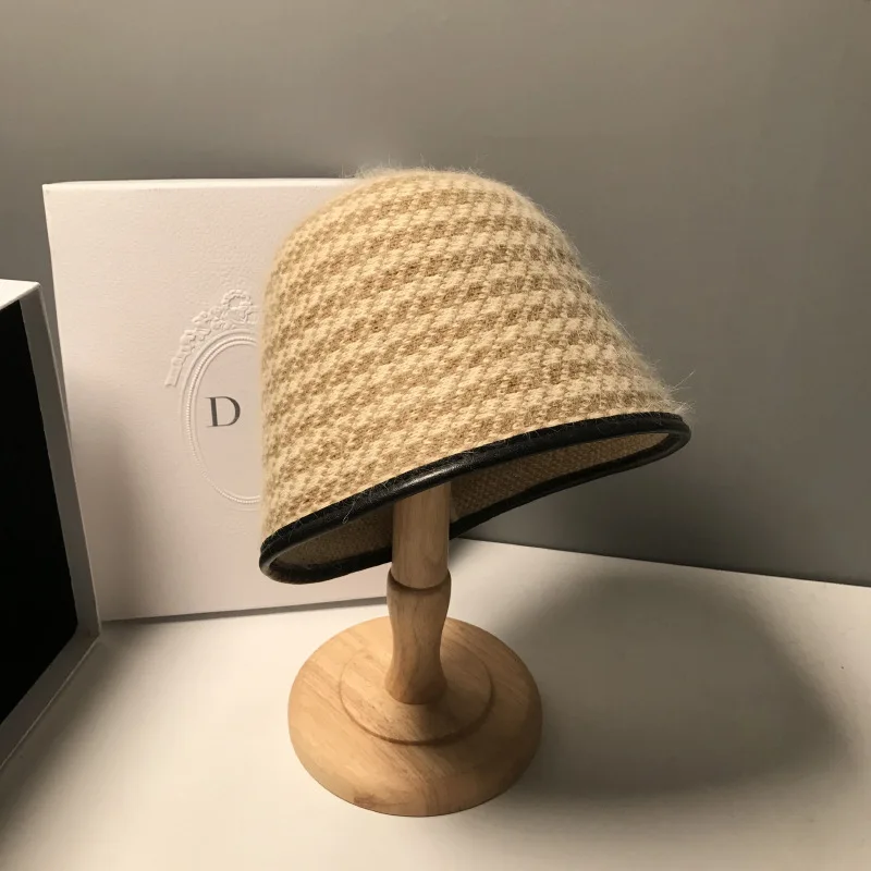 

Fashion New Ladies Winter Rabbit Hair Blended Knit Japanese Wild Houndstooth Pattern Casual Bucket Hat