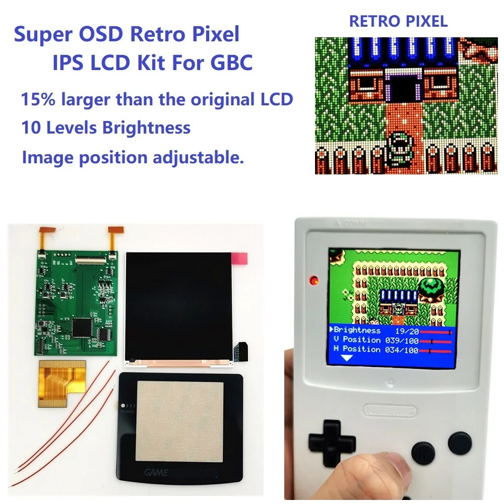 

Super OSD Version RETRO PIXEL IPS LCD SCREEN KIT Backlight Brightness For GameBoy Color For GBC IPS LCD Kit