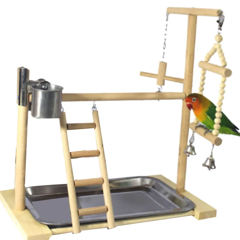 Parrot Playstands with Cup Toys Tray Bird Swing Climbing Hanging Ladder Bridge Wood Cockatiel Playground Perches 53x23x36Cm |