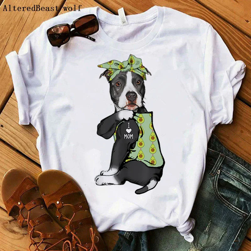 

2021 Pit Bull Mom Tshirt Women Summer Harajuku I Love Mom Avocado Bandana Print T-shirt Funny Short Sleeve dog T Shirt Clothes