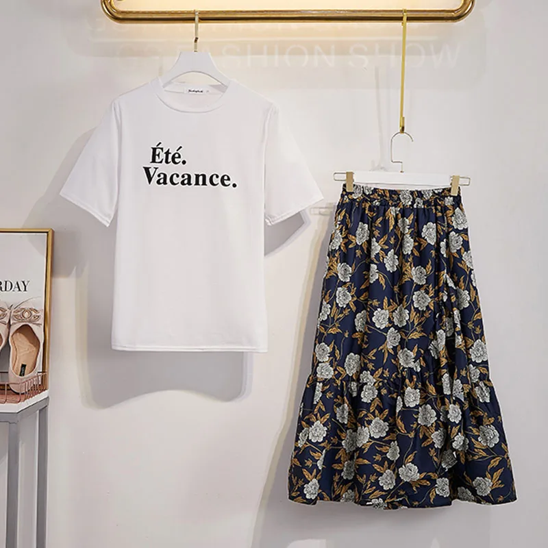 

New Fashion Summer Women's Short sleeve Tshirt + Floral skirt Two Piece Female Students Skirt Suits Women Suit skirt 2 Piece Set