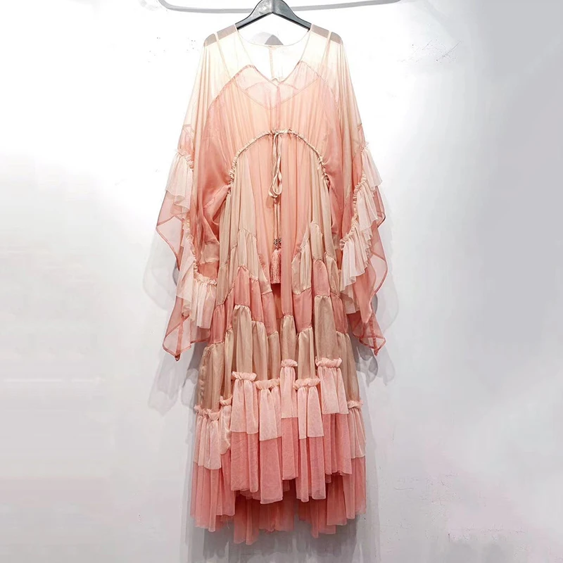 

Leiouna Flare Sleeve Spring Bohemian V-Neck Bohemian Promotion Mesh Patchwork Ruffles Plus Size Pink Robe Beach Holiday Dress