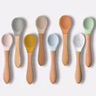 Ложки для кормления младенцев с деревянной ручкой, детские столовые приборы, детская посуда, мягкая силиконовая посуда для кормления младенцев