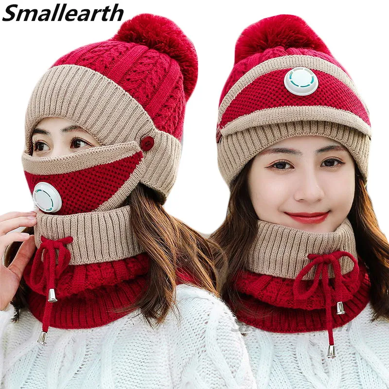 

New Winter Mask Hat Scarf Set Women Warm Beanies Hat For Girl Ring Scarf Winter Plush Pompom Hats Knitted Cap Scarf 2 Pieces Set