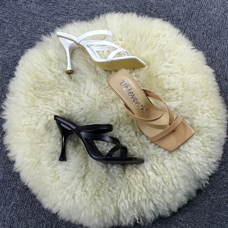 

NEW Sexy Slippers Women Summer head Peep Toe High Heel Slippers Fashion Narrow Band Thin Heels Slides Ladies Party Shoe