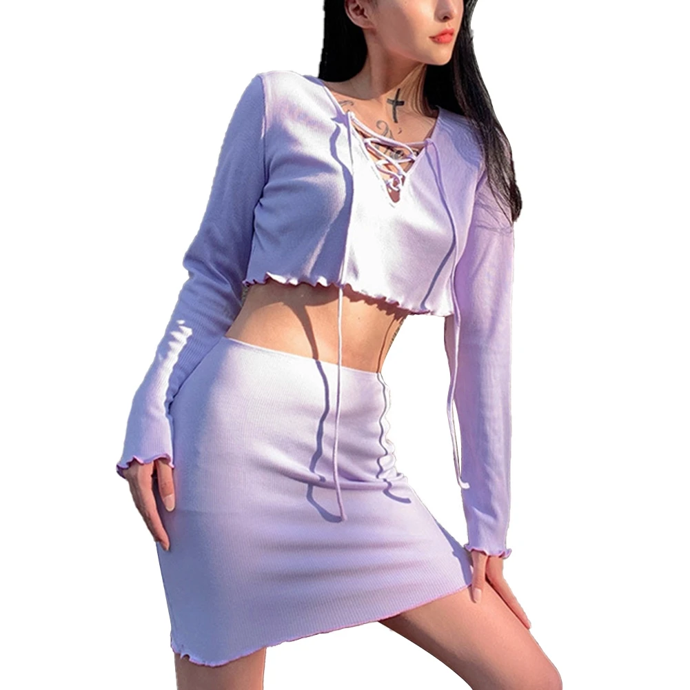 

Women Long Sleeve + Short Skirt, Simple Solid Color Cross Straps Decoration Spring Clothing